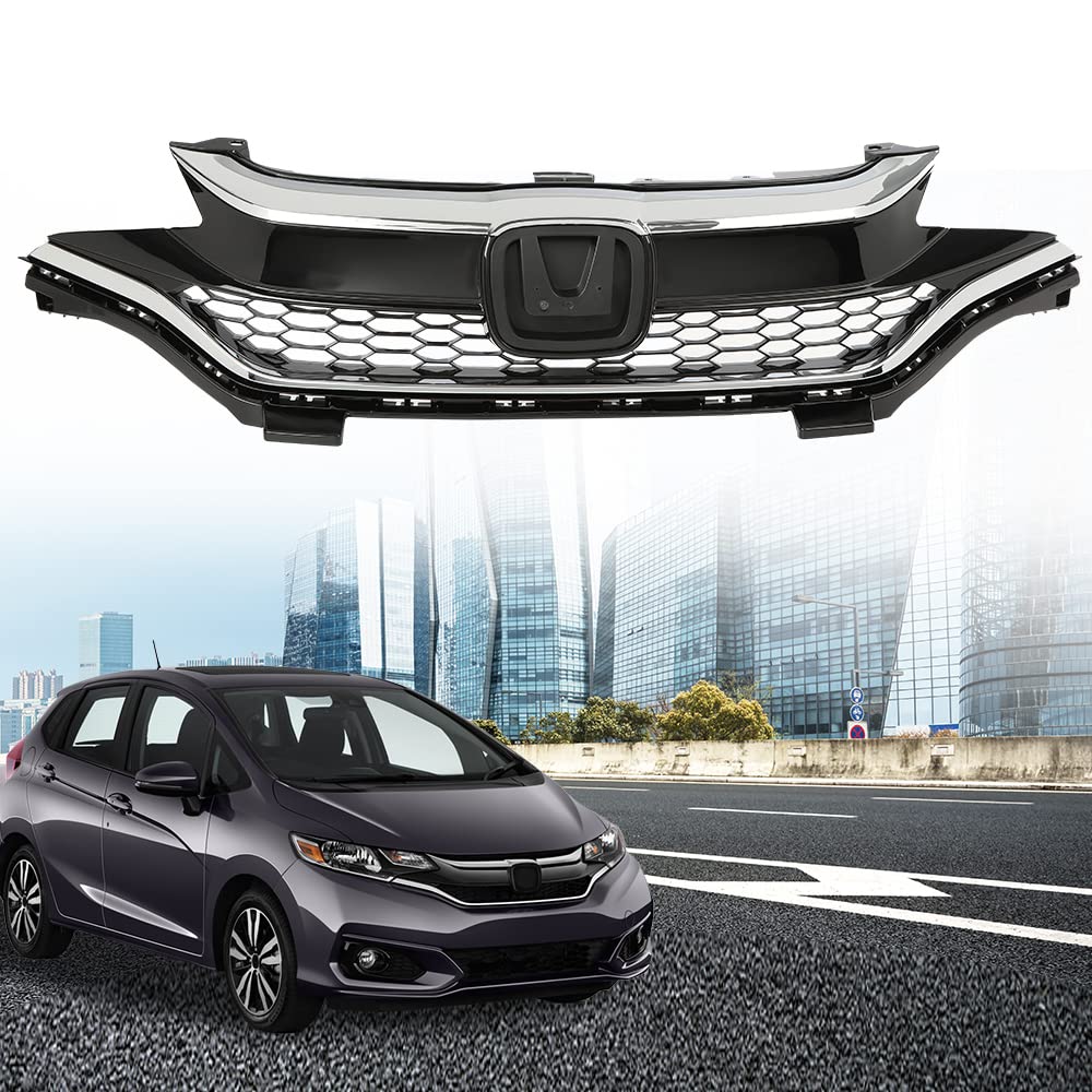G-PLUS Front Bumper Upper Chrome Honeycomb Grille Grill Compatible with 2018 2019 2020 Honda Fit 71121-T5R-A50, 71122-T5R-A50, 71123-T5R-A50