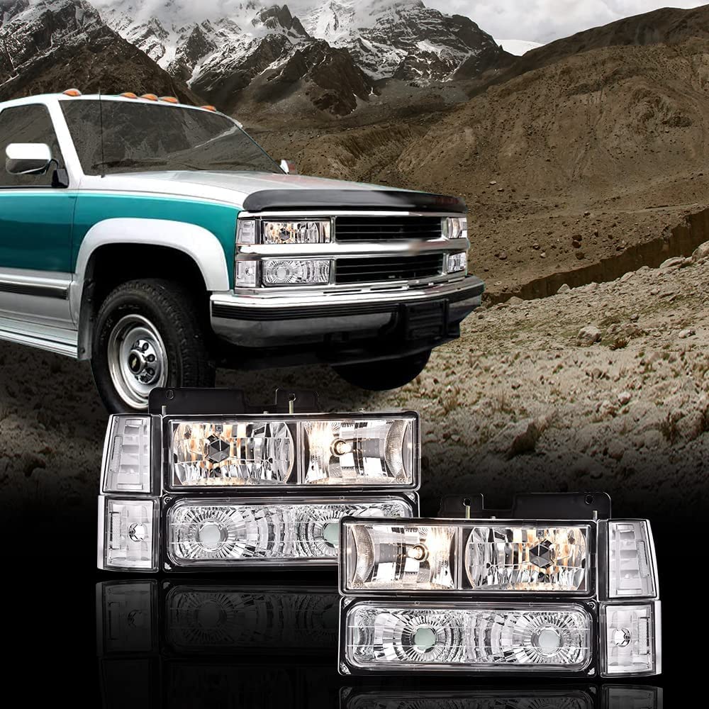 G-PLUS Headlights Assembly, Fit 1994 1995 1996 1997 1998 1999 GMC C1500 K1500 Yukon Bumper Headlamps, Clear Lens Chrome Housing Clear Reflector,faros delanteros