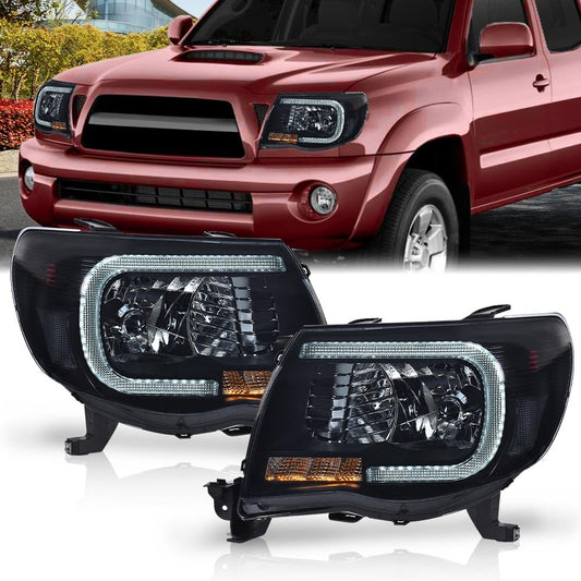 G-PLUS LED DRL Tube Halo Projector Headlights Compatible with Toyota Tacoma 2005 2011,Headlamps w/o Bulbs faros delanteros,Smoke Lens Black Housing Clear Reflector Left Driver & Right Passenger
