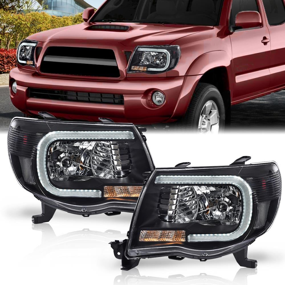 G-PLUS LED DRL Projector Headlights Assembly, Fit For Toyota Tacoma 2005 2006 2007 2008 2009 2010 2011,Tube Halo Headlamps w/o Bulbs faros delanteros,Clear Lens Black Housing Clear Reflector
