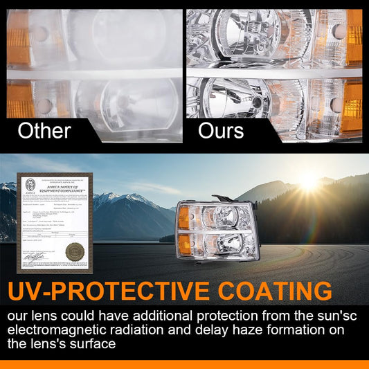 G-PLUS Headlight,Fit 2007-2013 Chevy Silverado 1500/Fit 2007-2014 Chevy Silverado 2500 3500 & HD,Right Side Headlamp Clear Lens Chrome Housing Amber ReflectorBumper Headlamps,faros delanteros
