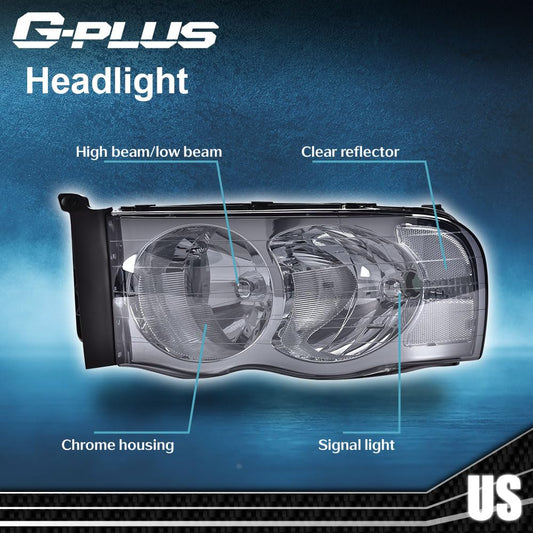 G-PLUS Headlights Assembly Fit 2002-2005 Dodge Ram 1500 2500 3500 Bumper Headlamp Smoky lens Chrome Housing Clear Reflector