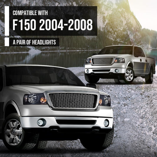 G-PLUS Headlights Assembly, Compatible with 2004-2008 Ford F150/ 2006-2008 Lincoln Mark Lt(NOT Compatible with 2004 F150 Heritage/Flareside Beds Models), Smoky Lens Black Housing Clear Reflector