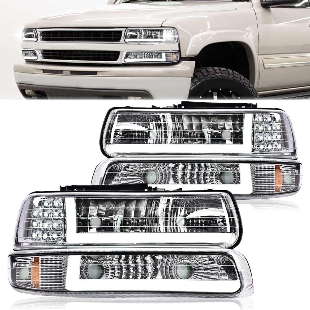 G-PLUS LED DRL Headlights Assembly Fit Chevy Silverado 1999-2002/Fit Tahoe Suburban 1500 2500 2000-2006 Clear Lens Chrome Housing Amber ReflectorBumper Headlamps,faros delanteros