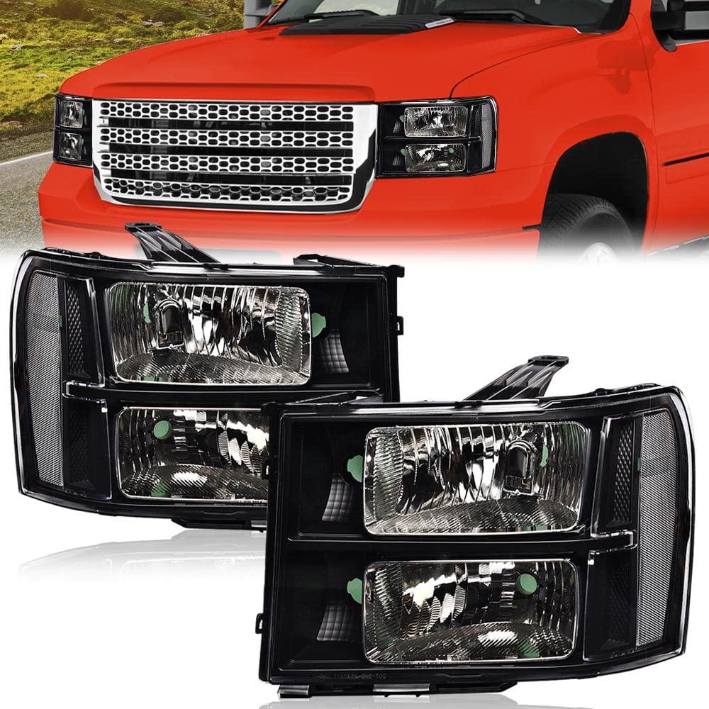 G-PLUS Tube Projector Headlights Assembly Fit GMC Sierra 1500 2007-2013 /Fit GMC Sierra 2500HD 3500HD 2007-2014 Headlamps Clear Lens Black Housing Clear Reflector Left & Right,faros delanteros