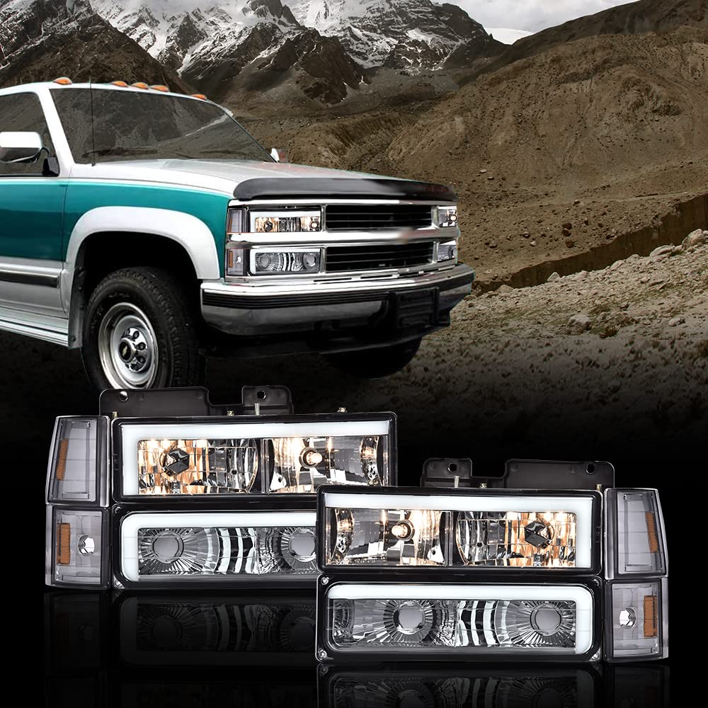 G-PLUS LED DRL headlights, Compatible with 1994 1995 1996 1997 1998 1999 2000 GMC C10 C/K C1500 bumper Headlamp, Smoky lens Chrome Housing Amber Reflector