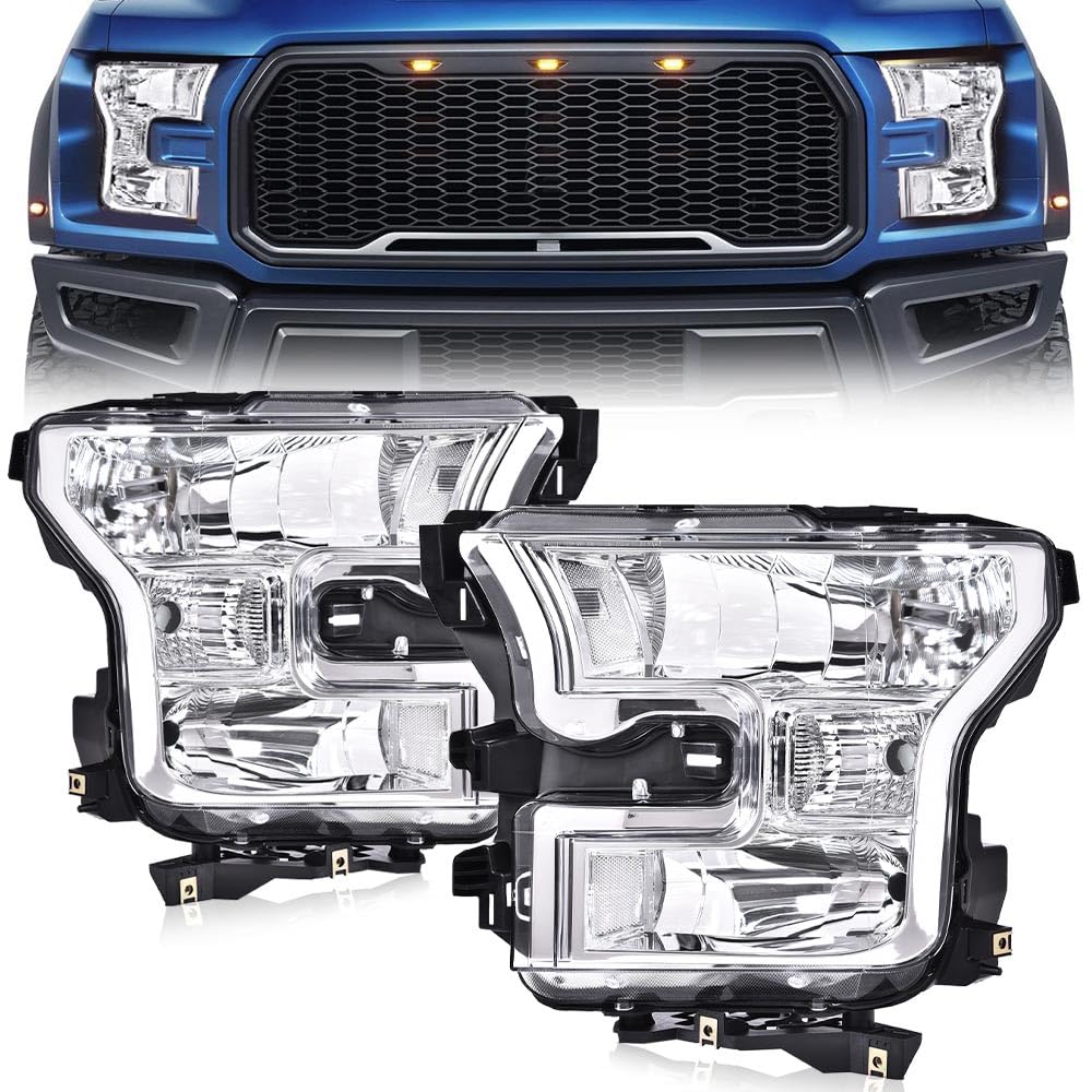 G-PLUS Headlights Compatible with Ford F150 2015-2017 Headlamps Pair Driver Passenger Side Clear Lens Chrome Housing Clear Reflector,faros delanteros