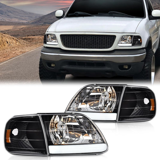 G-PLUS LED DRL Headlights Compatible with Ford Expedition 1997-2002/Fit F150 1998-2003/Fit F250 1997-1999 Clear Lens Black Housing Amber Reflector Left & Right