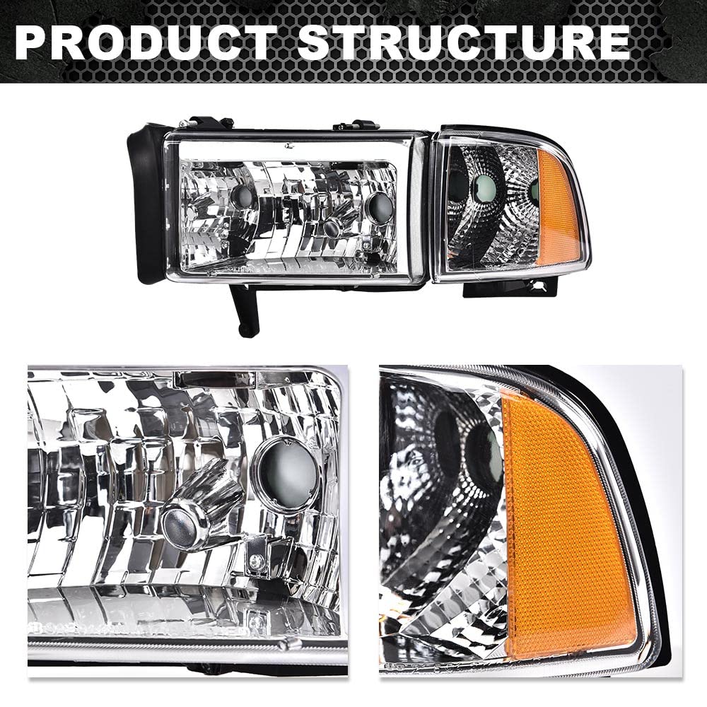 G-PLUS LED Headlights Head Lamps Fit Dodge Ram 1500 1994-2001/Fit Dodge Ram 2500 3500 1994-2002 Left & Right Clear Lens Chrome Housing Amber Reflector Bumper Headlamps w/o Bulbs,faros Assembly