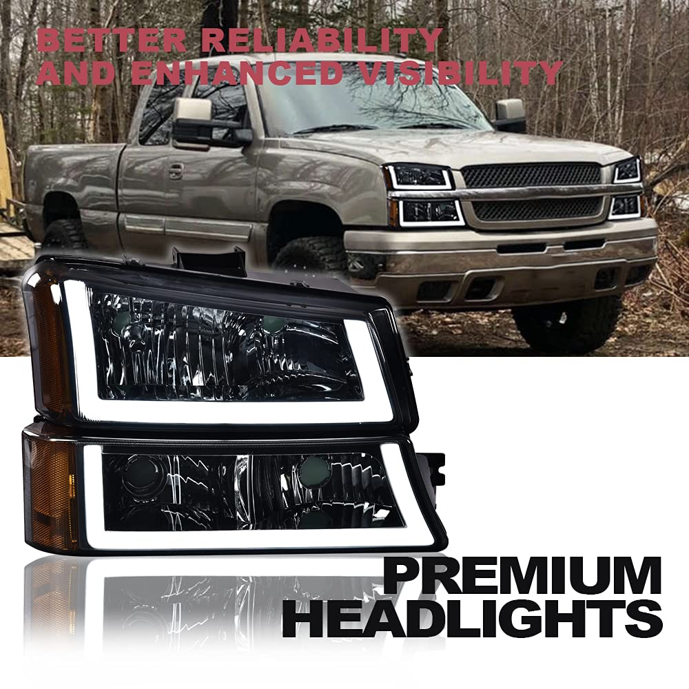 G-PLUS Headlights Assembly Fit Chevy Avalanche/Silverado 1500 2500HD 3500 2003-2006/Fit Silverado 1500 2500 3500 Classic 2007,Smoky Lens Chrome Housing Amber ReflectorBumper Headlamps,faros delanteros