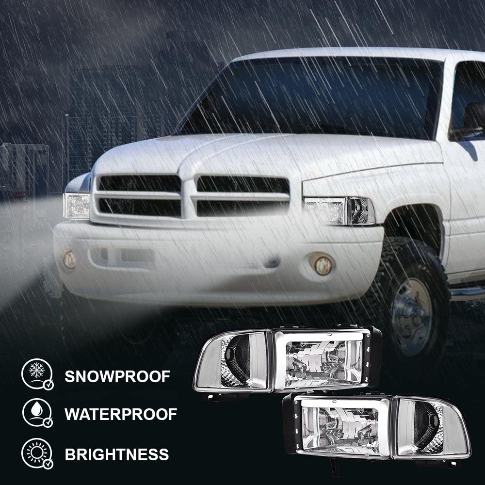 G-PLUS LED Headlights Fit 1994-2001 Dodge Ram 1500/1994-2002 Dodge Ram 2500 3500,Not fit Ram Sport, w/o Bulbs Clear Lens Chrome Housing Clear Reflector Bumper Headlamps,faros delanteros Assembly