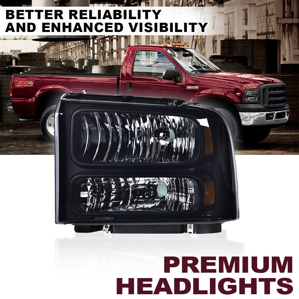 G-PLUS Headlights Assembly, Compatible with 99-04 Ford F250 F350 F450 F550 Super Duty/00-04 Ford Excursion Bumper Headlamps, Smoky Lens Black Housing Amber Reflector,faros delanteros