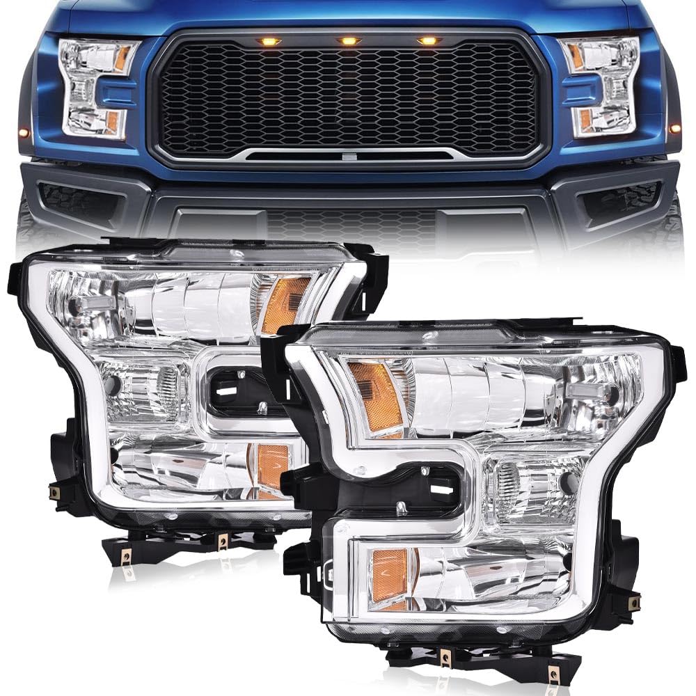 G-PLUS Headlights Compatible with Ford F150 2015-2017 Headlamps Pair Driver Passenger Side Clear Lens Chrome Housing Amber Reflector,faros delanteros