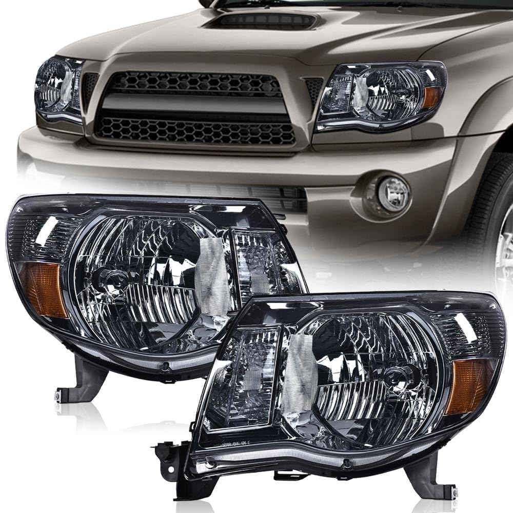 G-PLUS Headlights Assembly, Compatible with 2005 2006 2007 2008 2009 2010 2011 Toyota Tacoma Bumper Headlamps, Smoky Lens Chrome Housing Amber Reflector,faros delanteros