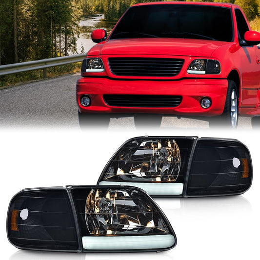 G-PLUS LED DRL Headlights Compatible with Ford Expedition 1997-2002/Fit F150 1998-2003/Fit F250 Light Duty 1997-1999 w/Corner Lamps Smoky Lens Black Housing Amber Reflector