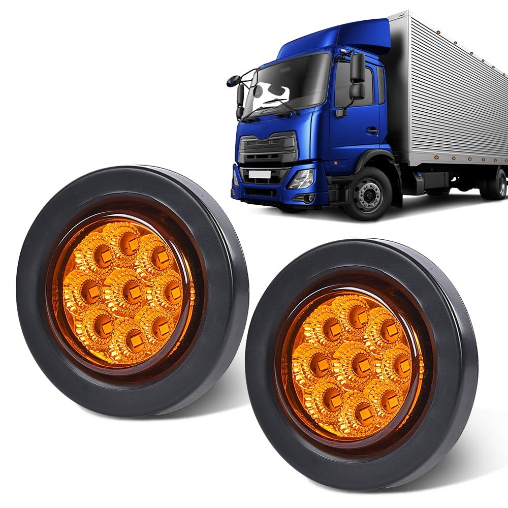 G-PLUS 2pcs Amber 2 Inch Round 9 LED Side Marker Lights Truck Trailer Lamp Fit for Most 12V Trailers Buses Trucks Trailers Lorries RVs