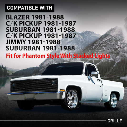 G-PLUS Chrome Billet Grille Compatible with Chevy GMC C/K Pickup Suburban Blazer Jimmy 1981-1988 Main Upper Stainless Steel Front Grill Insert (Phantom Style w/Stacked Lights)