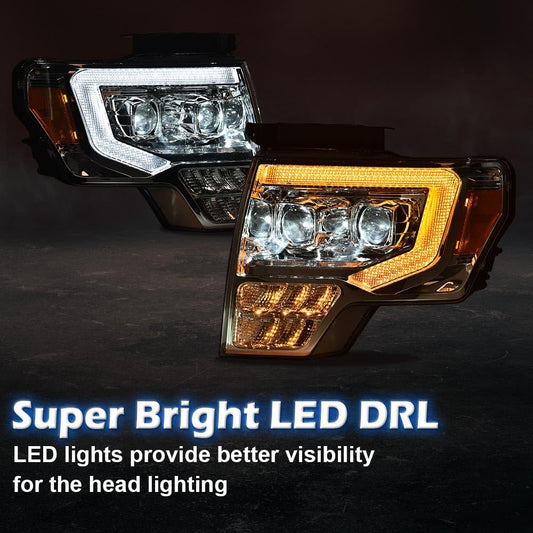 G-PLUS LED DRL Headlights Compatible with Ford F150 2009-2014(Only Fit LED Style) Tube Dual Projector Headlamps,Clear Lens Chrome Housing Amber Reflector,faros delanteros