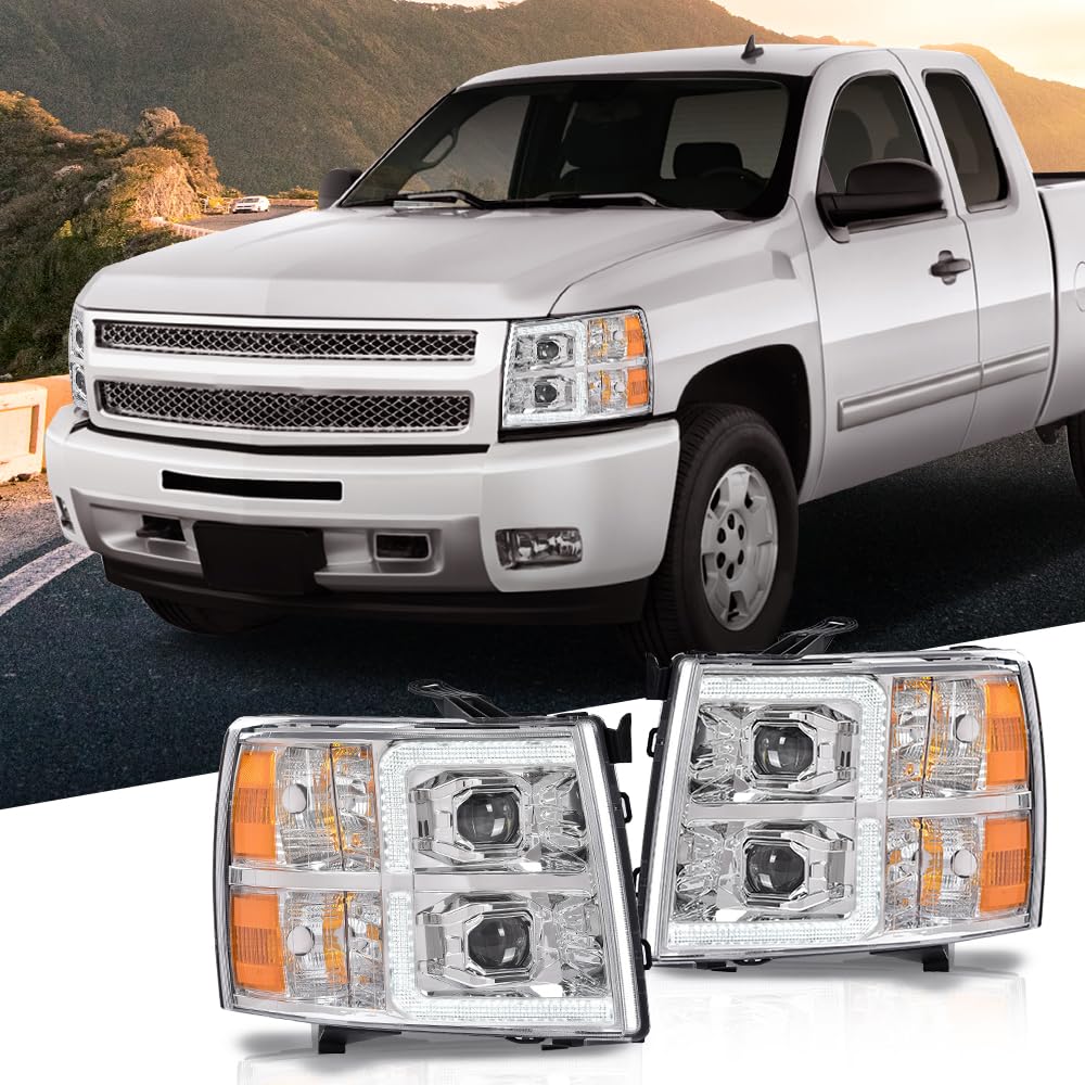 G-PLUS LED Dual Projector Headlights Assembly,Fit Chevy Silverado 1500 2007-2013/Fit 2007-2014 Silverado 2500 3500 & HD, Headlamps w/Bulbs,Clear Lens Chrome Housing Amber Reflector faros delanteros