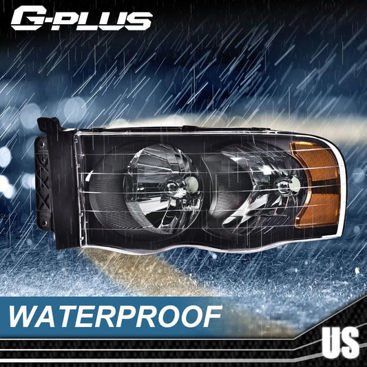 G-PLUS Headlights Assembly Compatible with Dodge Ram 1500 2500 3500 2002-2005 Bumper Headlamp, Clear lens Black Housing Amber Reflector