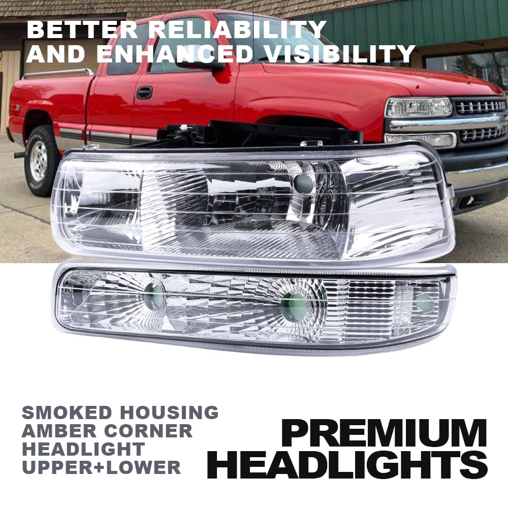 G-PLUS Headlights Compatible with Chevy Silverado 1999 2000 2001 2002,Fit Suburban/Tahoe 2000-2006 Bumper Headlamps, Clear Lens Chrome Housing Clear Reflector Left & Right Side,faros delanteros