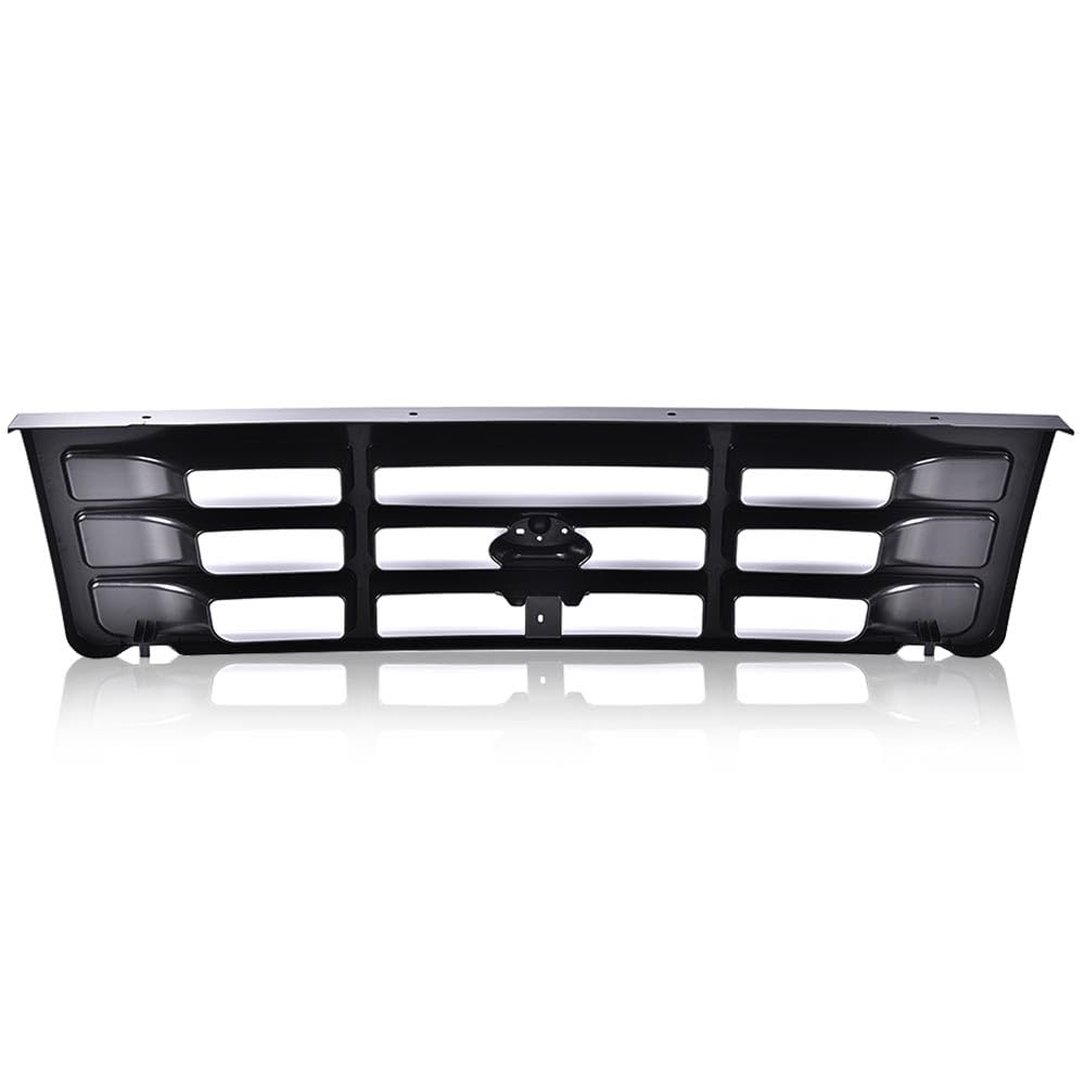 G-PLUS Front Grille Grill Compatible with 1992-1996 Bronco/1992-1997 Ford F150 F250 F350 Platinum Chrome w/Emblem Truck Replacement, Gloss Black FO1200173 FO2512130 FO2513131