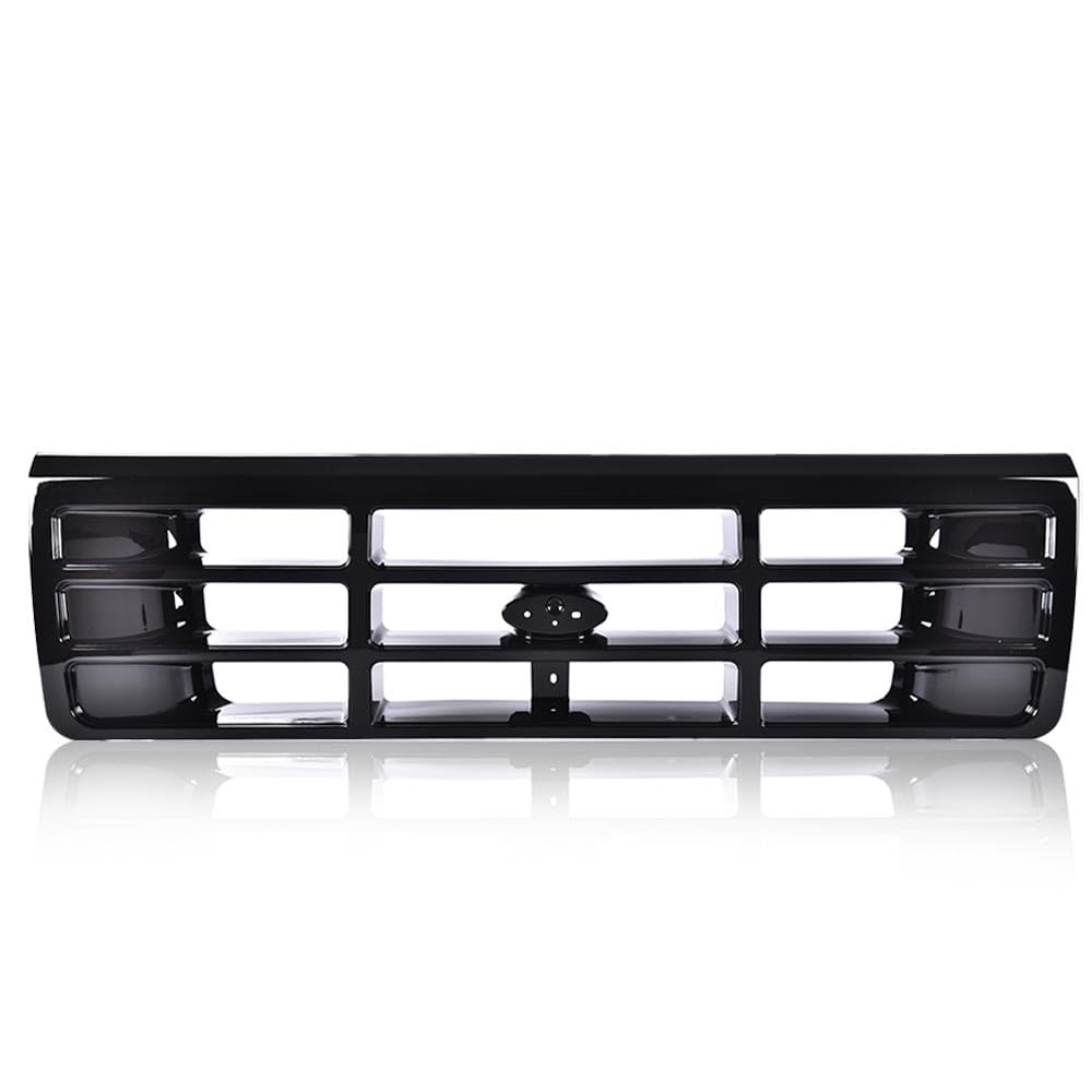 G-PLUS Front Grille Grill Compatible with 1992-1996 Bronco/1992-1997 Ford F150 F250 F350 Platinum Chrome w/Emblem Truck Replacement, Gloss Black FO1200173 FO2512130 FO2513131