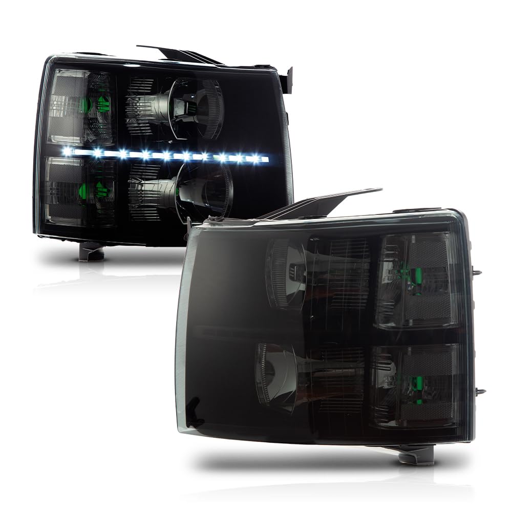 G-PLUS LED DRL Headlights Assembly Fit Chevy Silverado 1500 2007-2013, Fit Chevy Silverado 2500 HD 3500 HD 2007-2014, Left & Right Headlamps Smoky Lens Black Housing Clear Reflector, faros delanteros