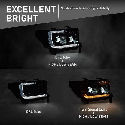 G-PLUS LED Tube Headlights Projector Assembly Compatible with Toyota Tundra 2007-2013, Fit Toyota Sequoia 2008-2017 Left & Right Headlamps, Smoky Lens Black Housing Clear Reflector, TO2502171