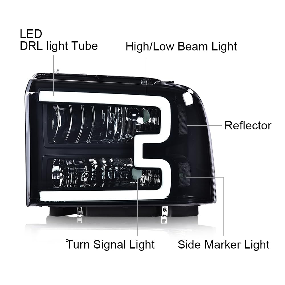 G-PLUS LED Headlights Compatible with Ford F250 F350 F450 F550 Super Duty 2005-2007 DRL BAR Headlamps Smoky Lens Black Housing Clear Reflector,faros delanteros