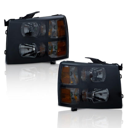 G-PLUS Headlights Fit Chevy Silverado 1500 2007-2013/Fit Chevy Silverado 2500 3500 & HD 2007-2014 Bumper Headlamps, Smoky Lens Black Housing Amber Reflector Left & Right Side,faros delanteros