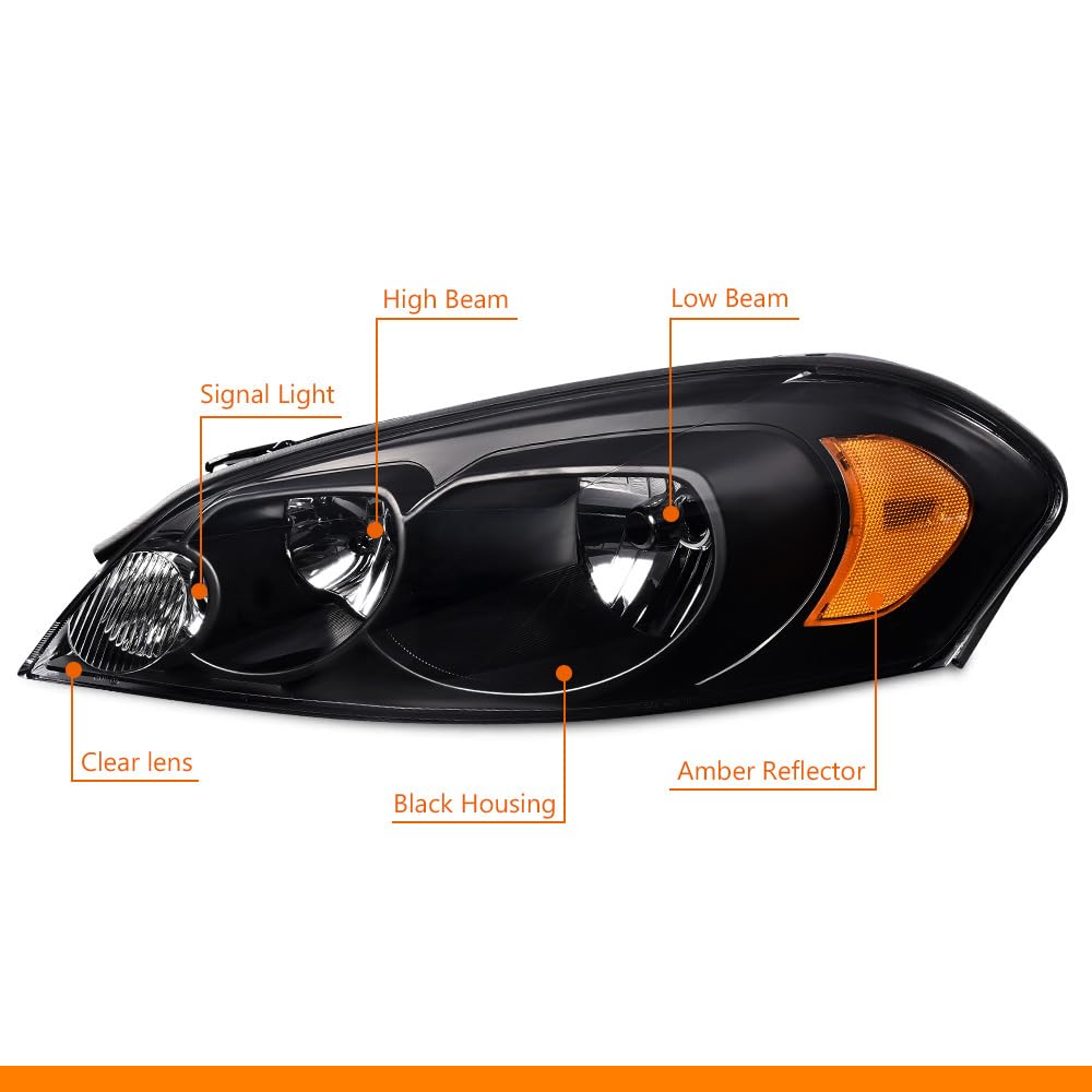 G-PLUS Headlights Assembly Fit Chevy Monte Carlo 2006 2007/Chevy Impala 2006-2013/Chevy Impala Limited 2014 2015 2016 Headlamps W/o Bulbs Clear Lens Black Housing Amber Reflector,faros delanteros