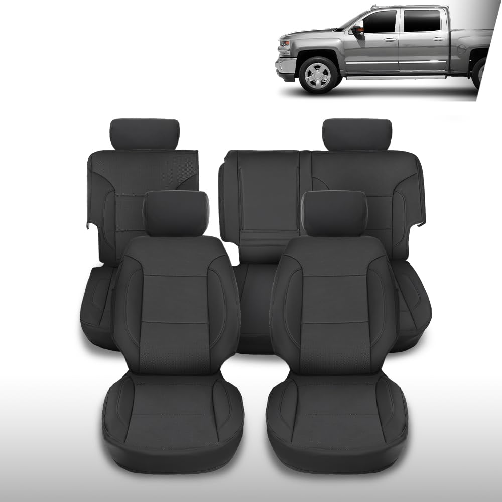 G-PLUS Seat Covers Set Compatible with Chevy Silverado LT Crew Cab 2014-2018 Black