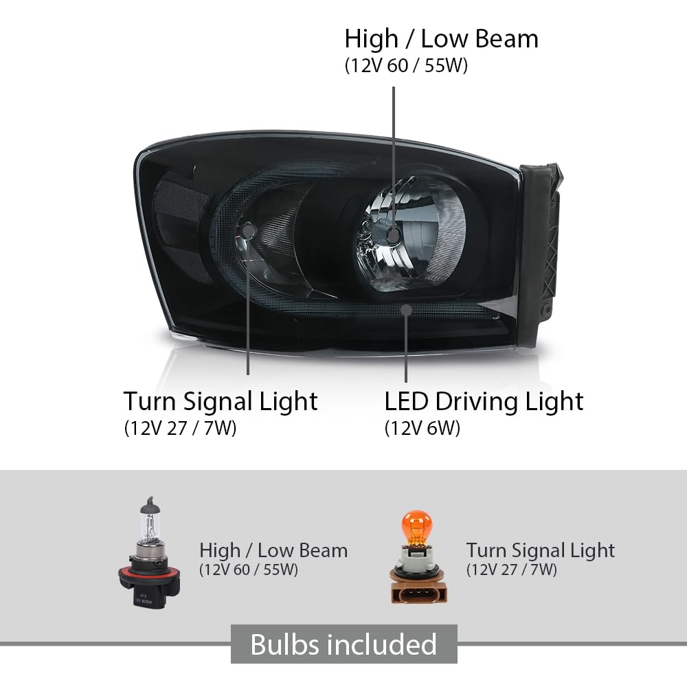 G-PLUS LED Headlights Assembly Headlamps Left Right Compatible with Dodge Ram 1500 2006-2008,Fit Dodge Ram 2500 3500 2006-2009 Smoke Lens Black Housing Clear Reflector,faros delanteros