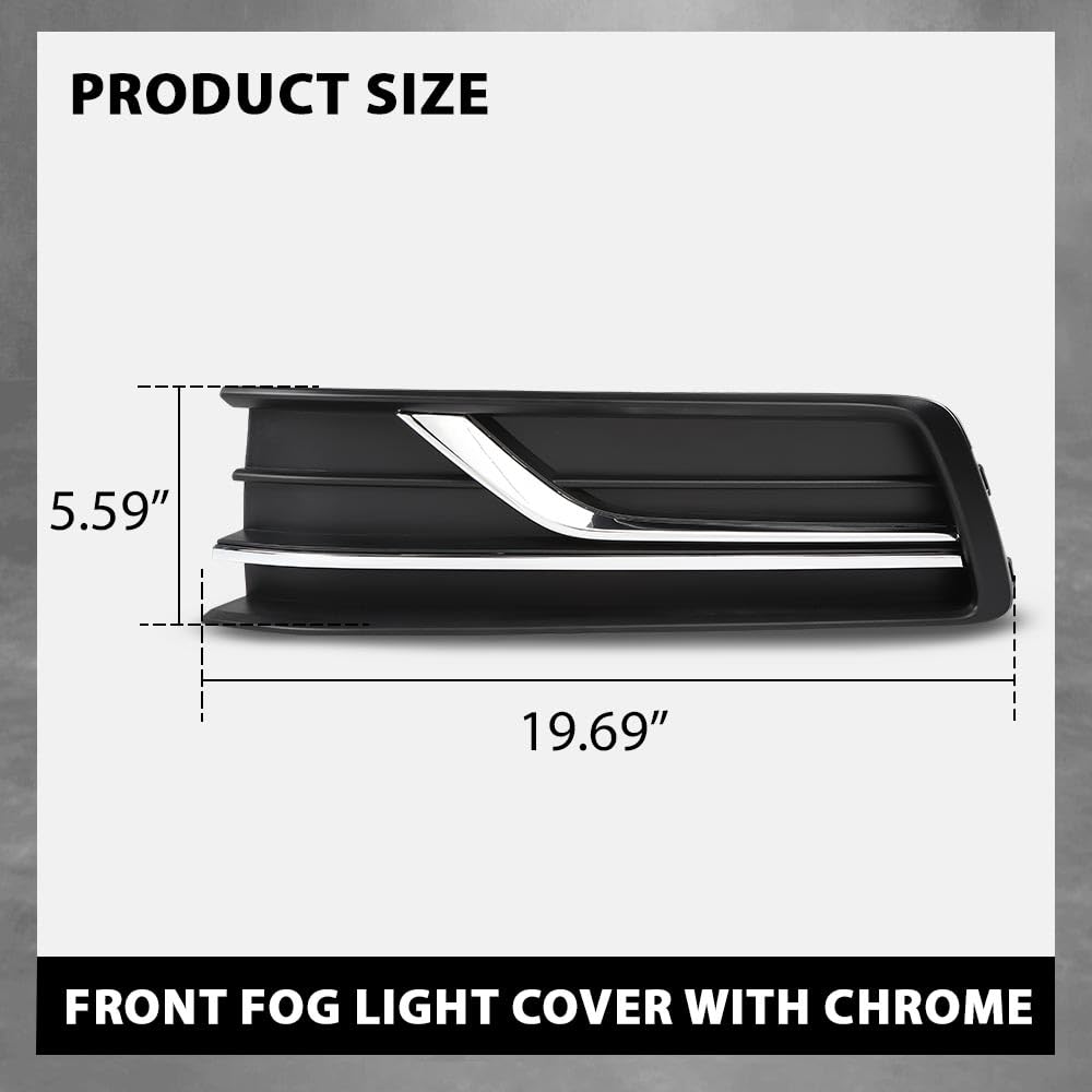 G-PLUS Front Left Fog Light Cover w/Chrome Trim Compatible with Volkswagen Passat 2016-2019 Black Driver Side without Sensor Hole