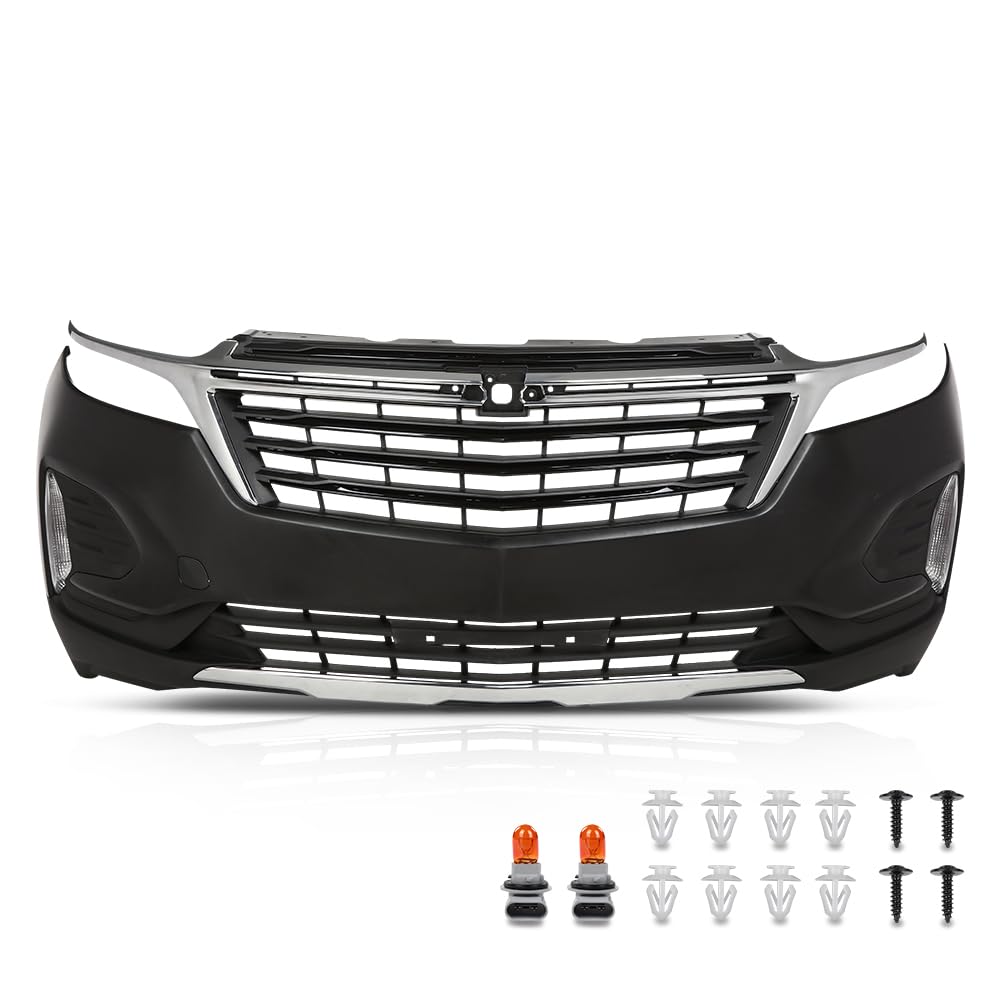 G-PLUS Front Upper + Lower Bumper Cover + Grills + Skid Plate + Fog Light + Tow Hook Compatible with Chevy Equinox 2022 2023 Front Bumper Cover Kit Grilles, Black