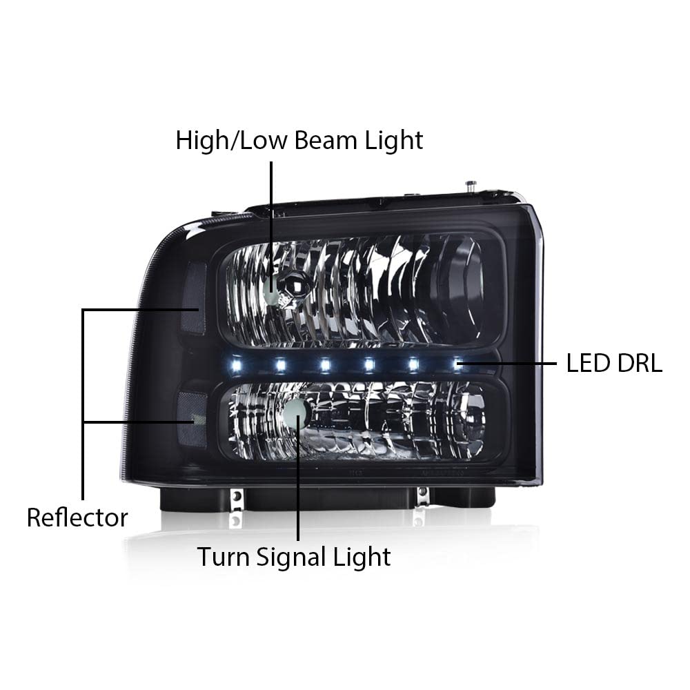 G-PLUS Smoked LED DRL headlights, Compatible with 2005 2006 2007 Ford F250 F350 F450 F550 Super Duty Bumper Headlamps, Smoky Lens Black Housing Clear Reflector 6C3Z13008AB,faros delanteros