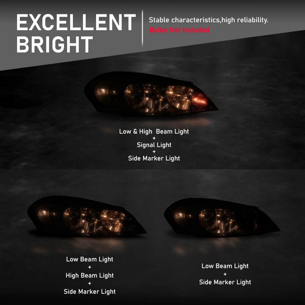 G-PLUS Headlights Assembly, Fit 2006-2007 Chevy Monte Carlo/2006-2013 Chevy Impala/2014-2016 Chevy Impala Limited Bumper Headlamps, Clear Lens Chrome Housing Clear Reflector,faros delanteros