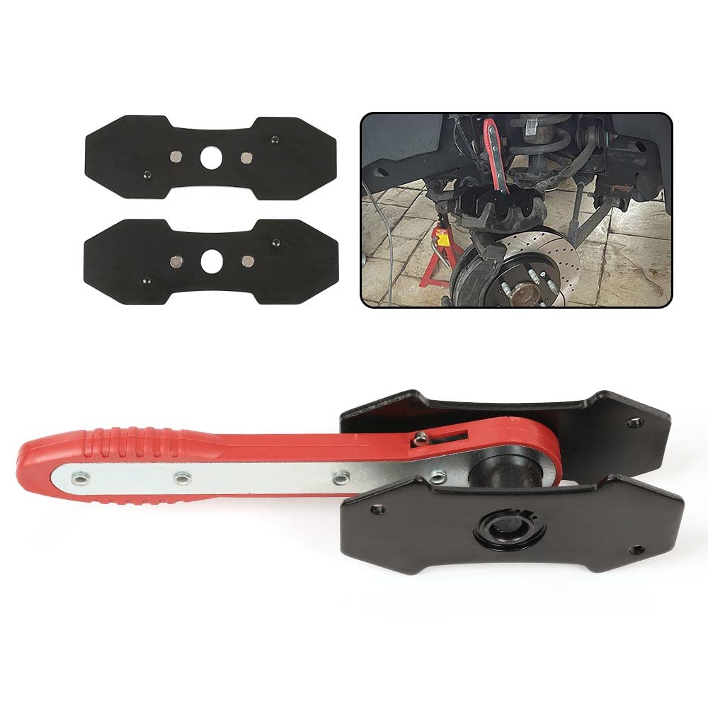 G-PLUS Brake Caliper Piston Press Tool 360° Ratcheting Caliper Spreader with 2 Steel Plate Adapters Single Twin Quad Piston Universal Fit for Cars Trucks Commercial Vehicles Red