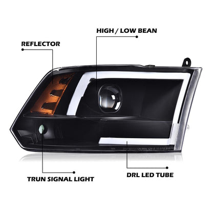 G-PLUS LED DRL Headlights Fit Dodge Ram 1500 2500 3500 2009-2012(New Body), Not Fit Dual Beam, Clear Lens Black Housing Amber Reflector, Bumper Headlamps, faros delanteros Assembly