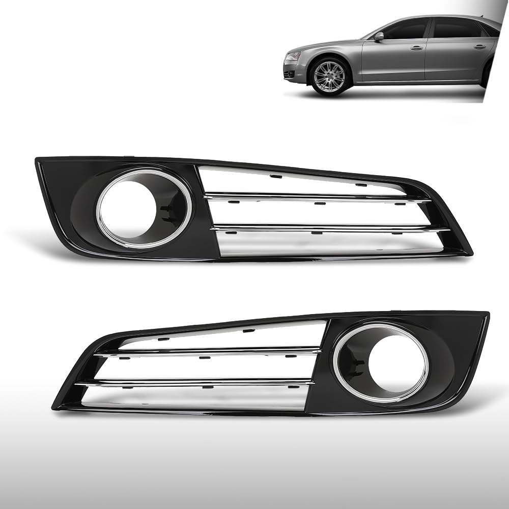 G-PLUS Front Bumper Grille Fog Light Cover Compatible with Audi A8 D4 2011 2012 2013 2014 4H0807679E, 4H0807680E Chrome Black