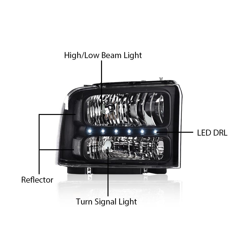 G-PLUS LED Headlights Assembly Compatible with Ford F250 F350 F450 F550 Super Duty 2005 2006 2007, Headlamps DRL BAR Point Style Clear Lens Black Housing Clear Reflector,faros delanteros