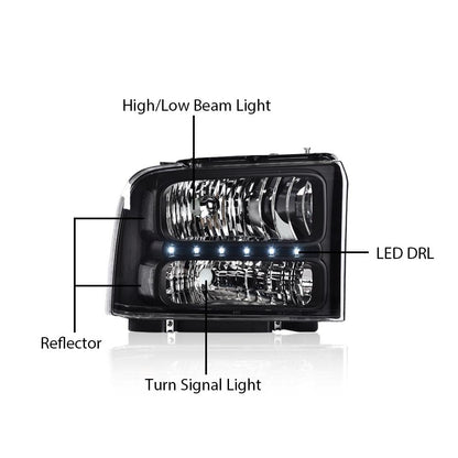 G-PLUS LED Headlights Assembly Compatible with Ford F250 F350 F450 F550 Super Duty 2005 2006 2007, Headlamps DRL BAR Point Style Clear Lens Black Housing Clear Reflector,faros delanteros