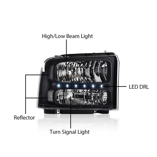 G-PLUS LED Headlights Assembly Compatible with Ford F250 F350 F450 F550 Super Duty 2005 2006 2007, Headlamps DRL BAR Point Style Clear Lens Black Housing Clear Reflector,faros delanteros