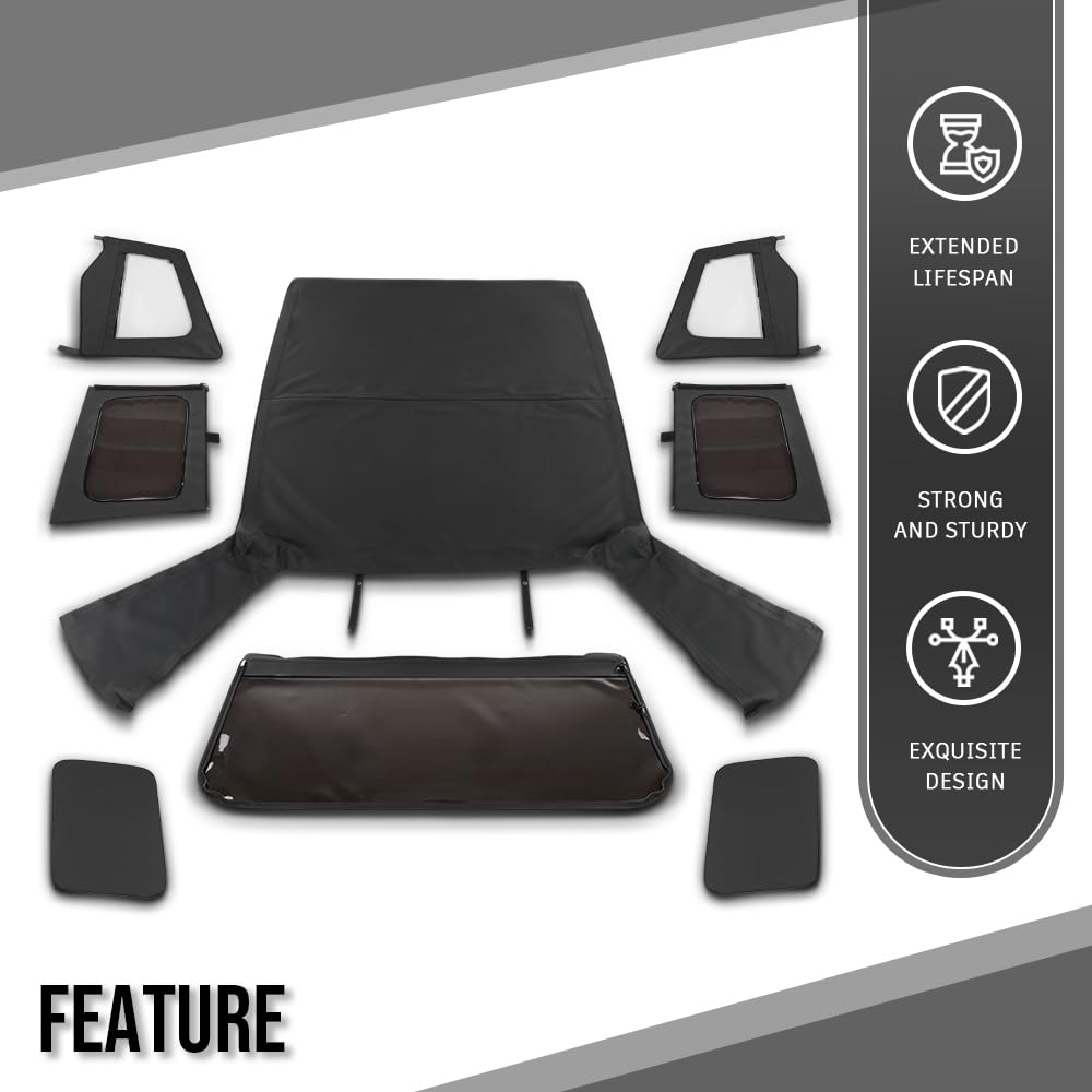 G-PLUS Soft Top Sailcloth Black W/Plastic Windows Compatible with Jeep Wrangler 1987-1995 with Factory Squared Style Upper Doors 9870215, 9870217 Black
