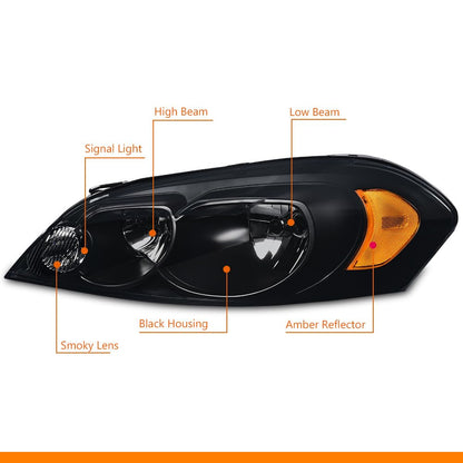 G-PLUS Headlights Assembly Fit Chevy Monte Carlo 2006 2007/Chevy Impala 2006-2013/Chevy Impala Limited 2014 2015 2016 Headlamps W/o Bulbs Smoky Lens Black Housing Amber Reflector,faros delanteros