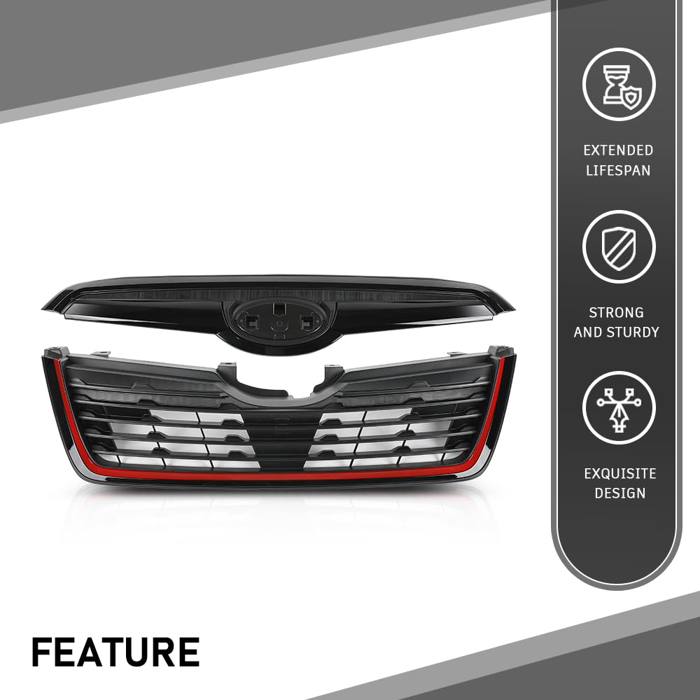 G-PLUS Front Grill w/Camera Hole Gloss Black w/Red Line Compatible with Subaru Forester 2019-2021 91121SJ040