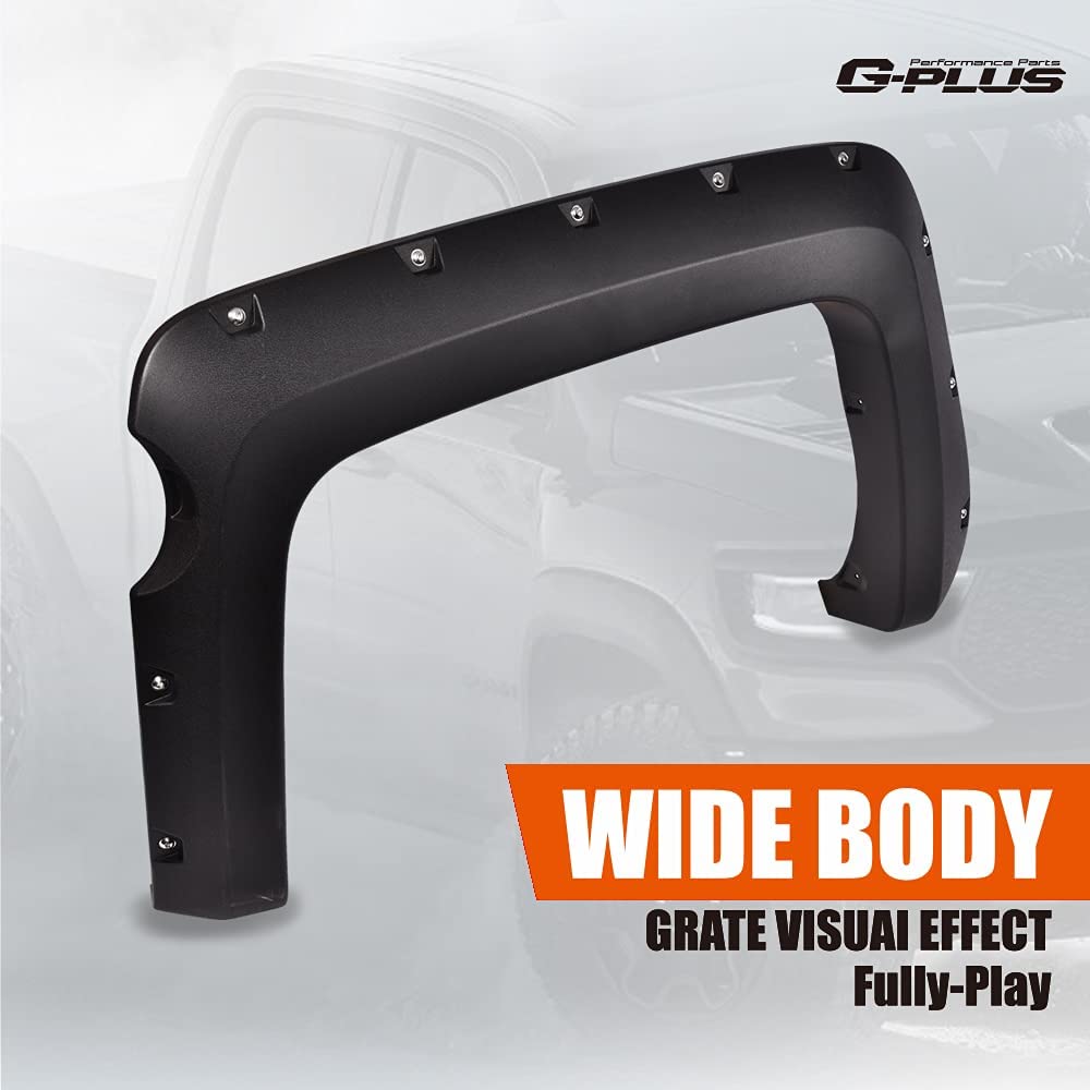 G-PLUS Fender Flares, Compatible with 2014-2018 Chevy Silverado 2500HD/3500HD, (Fit Fleetside with 69.3" Short Bed Crew Cab Models), Textured Black Pocket Rivet Bolt Style Wheel Cover 4pcs