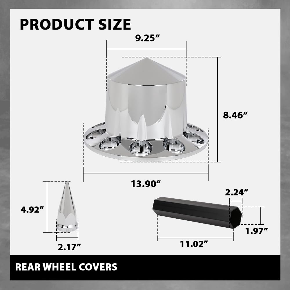 G-PLUS Rear Wheel Cover Axle 33mm Spiked Hub Cover Kit Removable Caps Compatible with Semi-Trucks 22.5" and 24.5" Wheels ABS Chrome Semi Truck Hub Covers