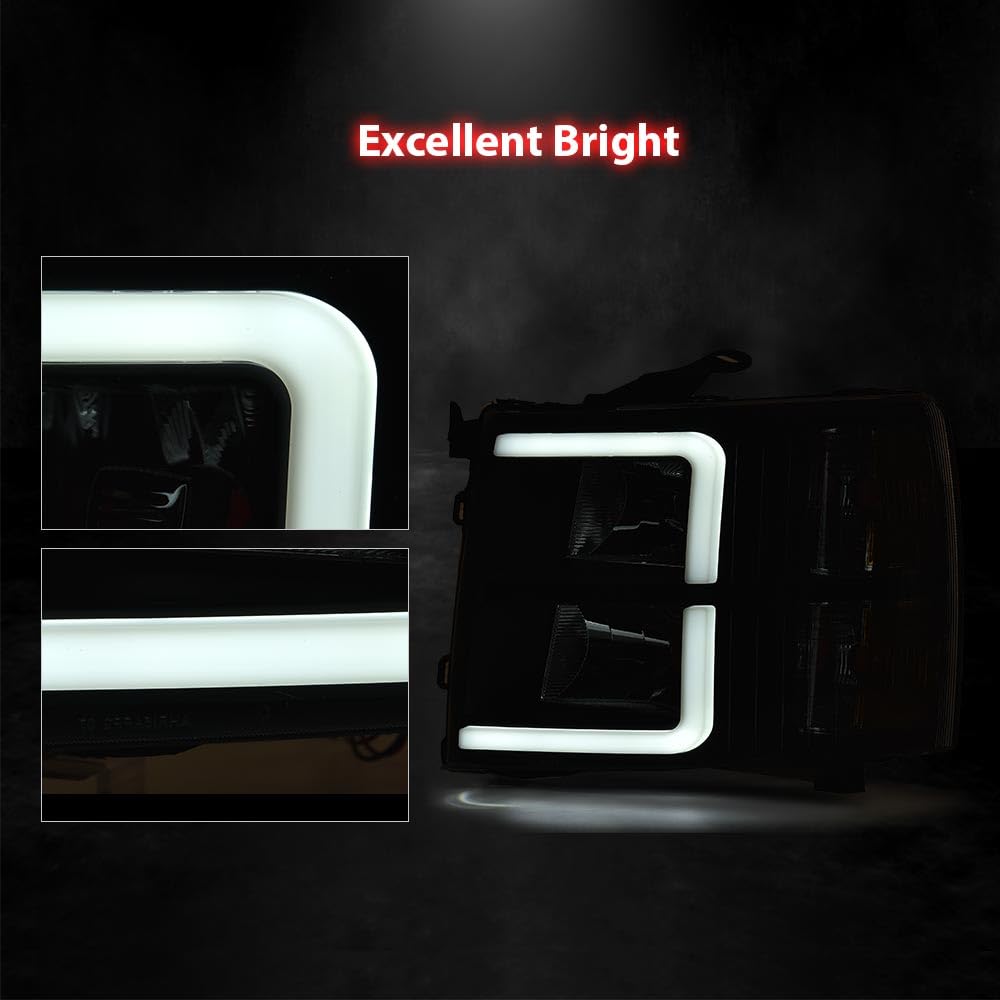 G-PLUS LED DRL Headlights Assembly Fit Chevy Silverado 1500 2007-2013/Fit 2007-2014 Chevy Silverado 2500 HD 3500 HD,Headlamps Clear Lens Black Housing Amber Reflector,faros delanteros